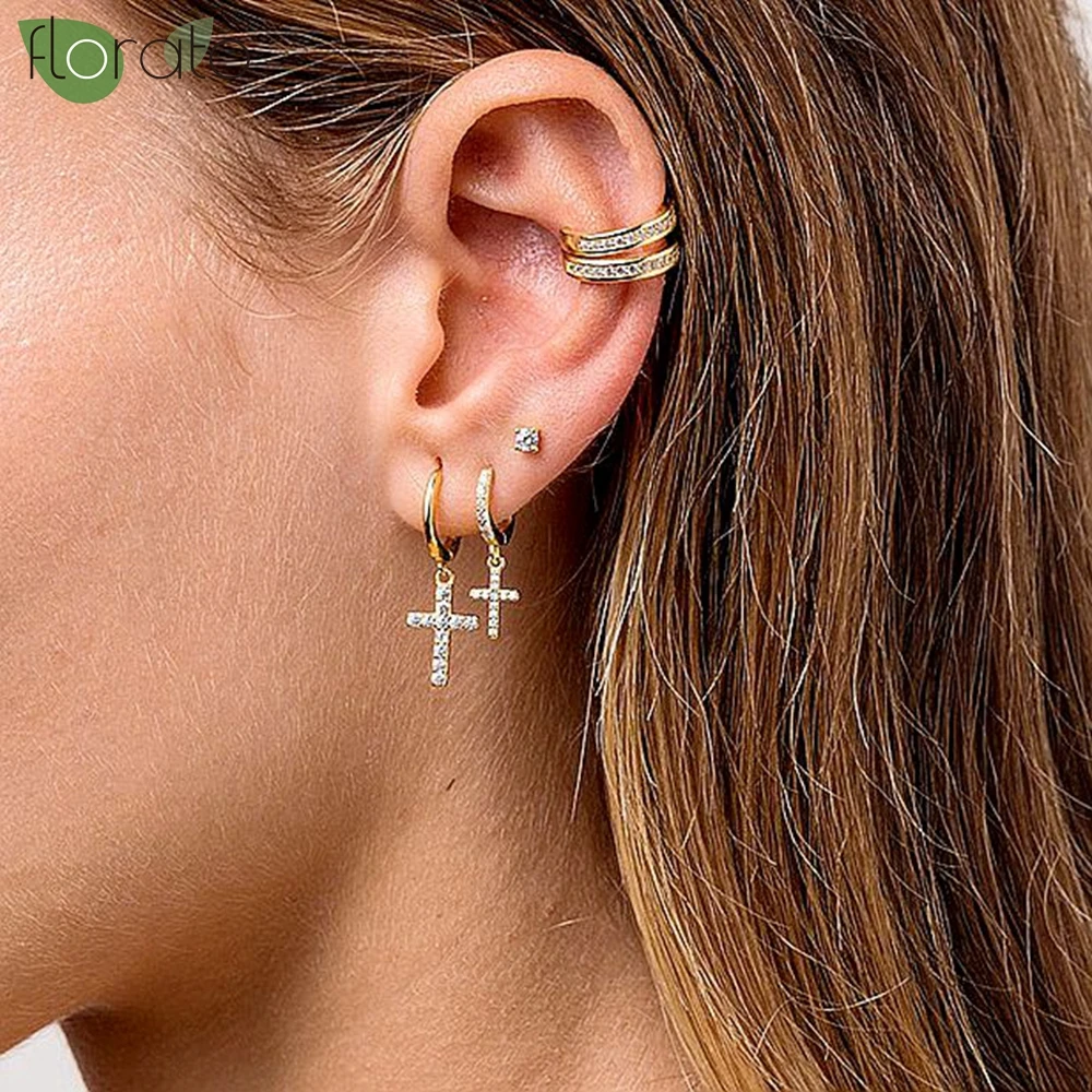 925 Sterling Silver Needle Fashion Cross Pendant Hoop Earrings for Women Vintage Gold Color Small Earrings Luxury Jewelry Gifts