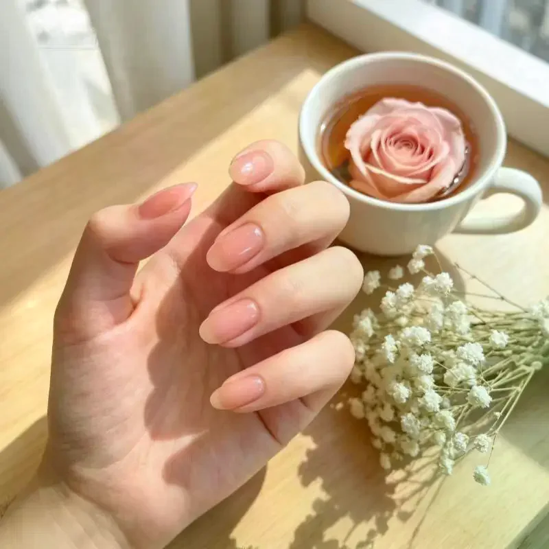 1Set Simple Stylish Nude Solid Color Nail Short Oval Art Fashion Wearable Fake Nails Detachable Finished False Nails Press On