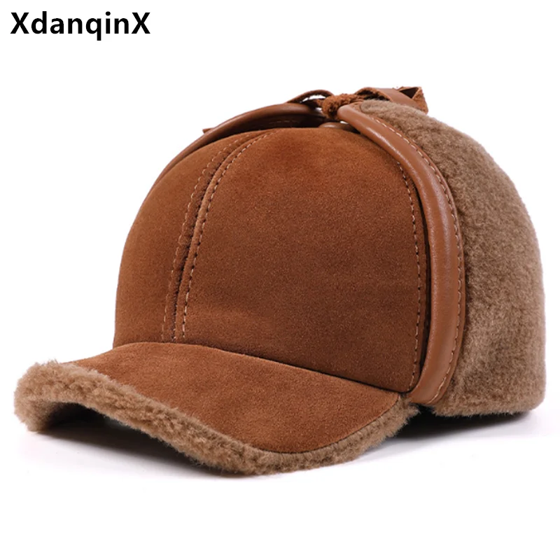 

New Winter Fur Hat Natural Genuine Leather Caps For Men And Women Thick Velvet Bomber Hats Cowhide Leather Earmuffs Hat Ski Cap