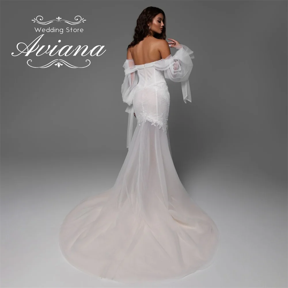 Aviana مخصص الحبيب حورية البحر فستان الزفاف القوس عارية الذراعين سويب تراين الجنية قبالة الكتف طول الأرض يزين الترتر