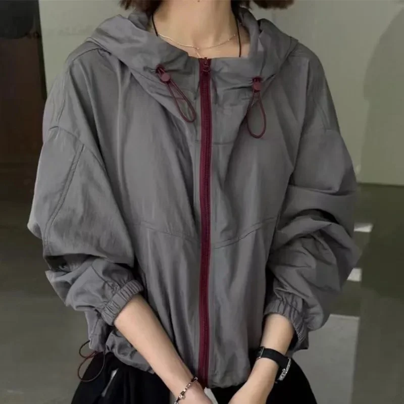 Summer New Loose Sun Protection Jacket With Drawstring Simple Fashion  Women Casual Breathable Coat Short Zipper Thin Sunscreen