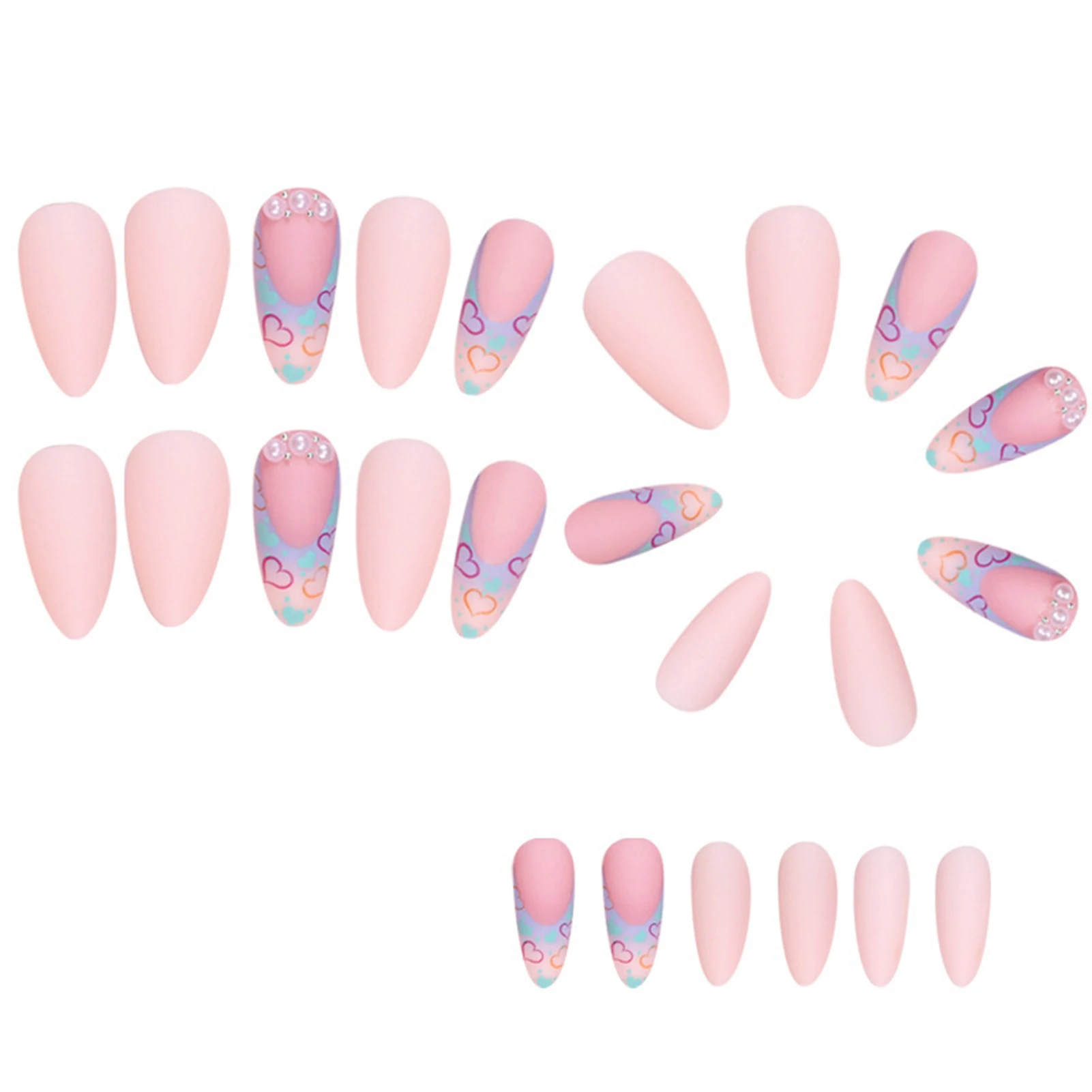 Colorful Heart Printed Pink False Nails Durable & Never Splitting Comfort Fake Nails for Hot Girl Dress Matching