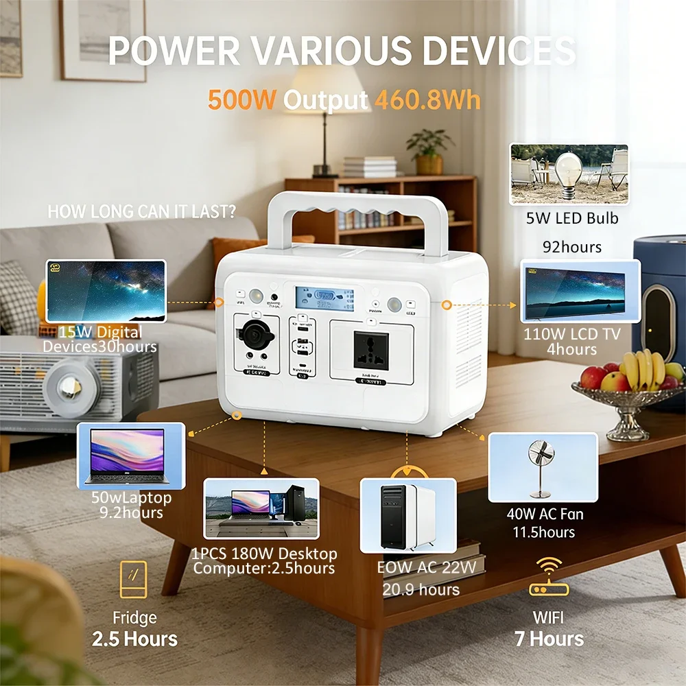 500W 460.8WH Portable Power Station, Solar Power Generator, LiFePO4 Battery, Energy Storage For Outdoor, Camping, RV, Home,