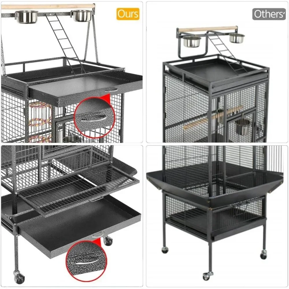 69-inch Wrought Iron Rolling Large Parrot Bird Cage for African Grey Small Quaker Amazon Cockatiel Sun Parakeet Green