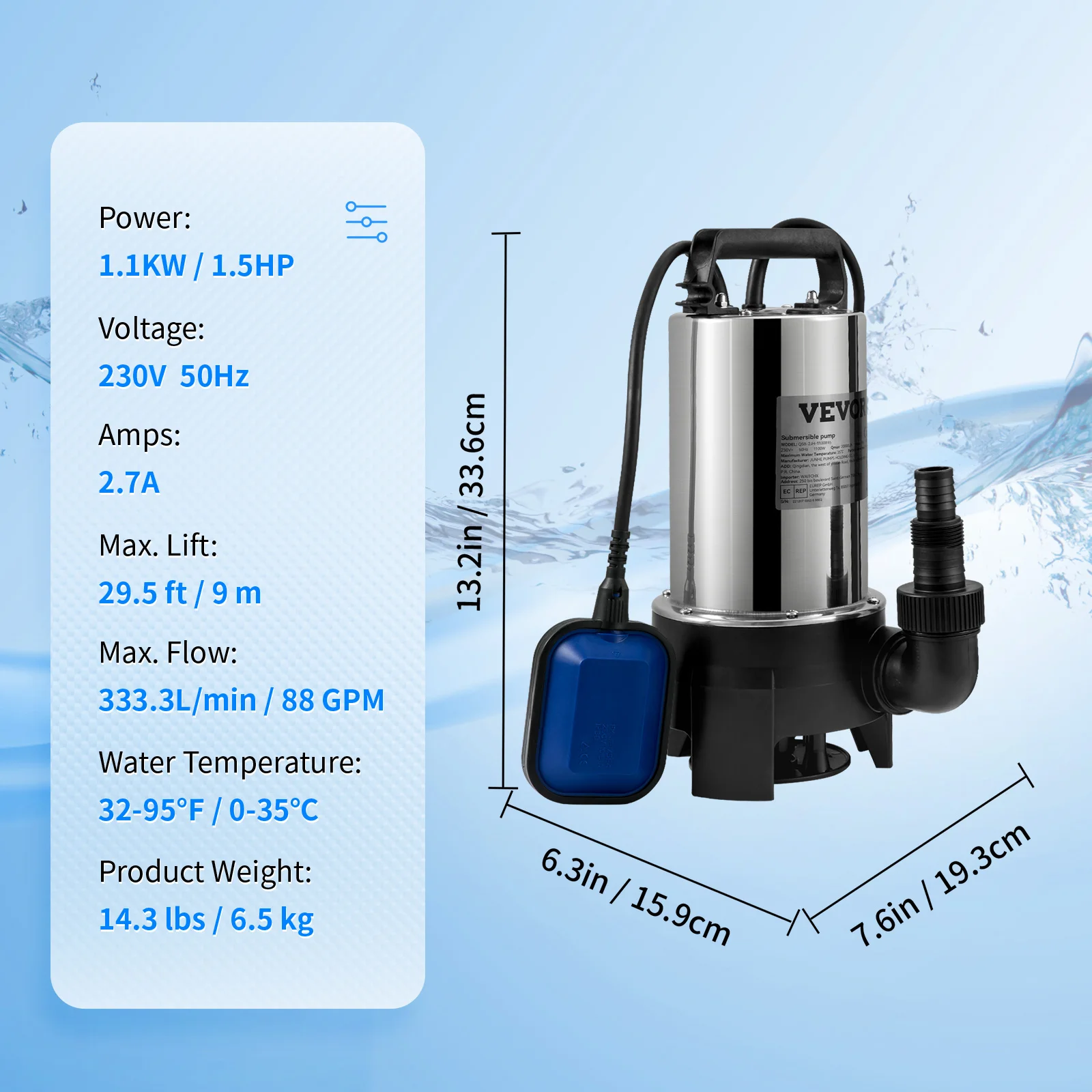 SucceBuy Rioolpomp Dompelpomp Waterpomp 550W - 2200W voor het pompen van water van zwembaden, kelders, bubbelbaden