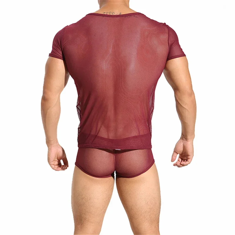 

Mesh Tight Men's Underwear Short Sleeve See Through Elastic T-shirt Top&transparent Erotic Boxer Shorts Men Sexy Undershirts Set