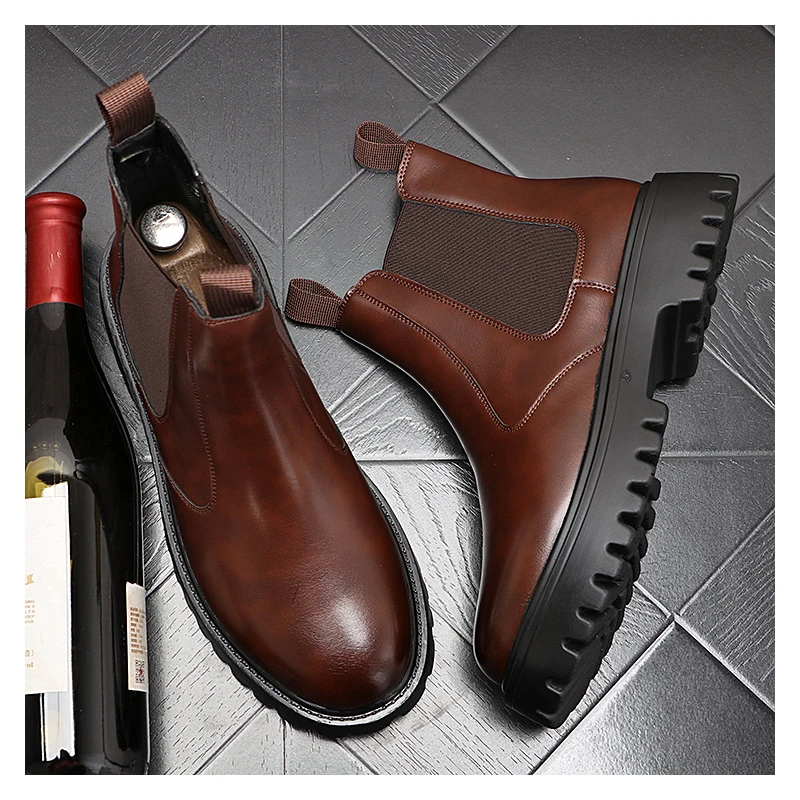 

mens casual business office chelsea boots slip-on original leather shoes black brown cowboy platform boot handsome ankle botas