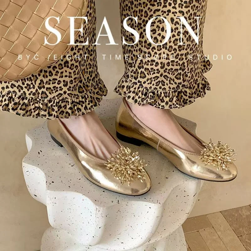 2026 new spring summer women pumps natural leather 22-25cm split leather+sheepskin+pigskin round toe flower women shoes fashion