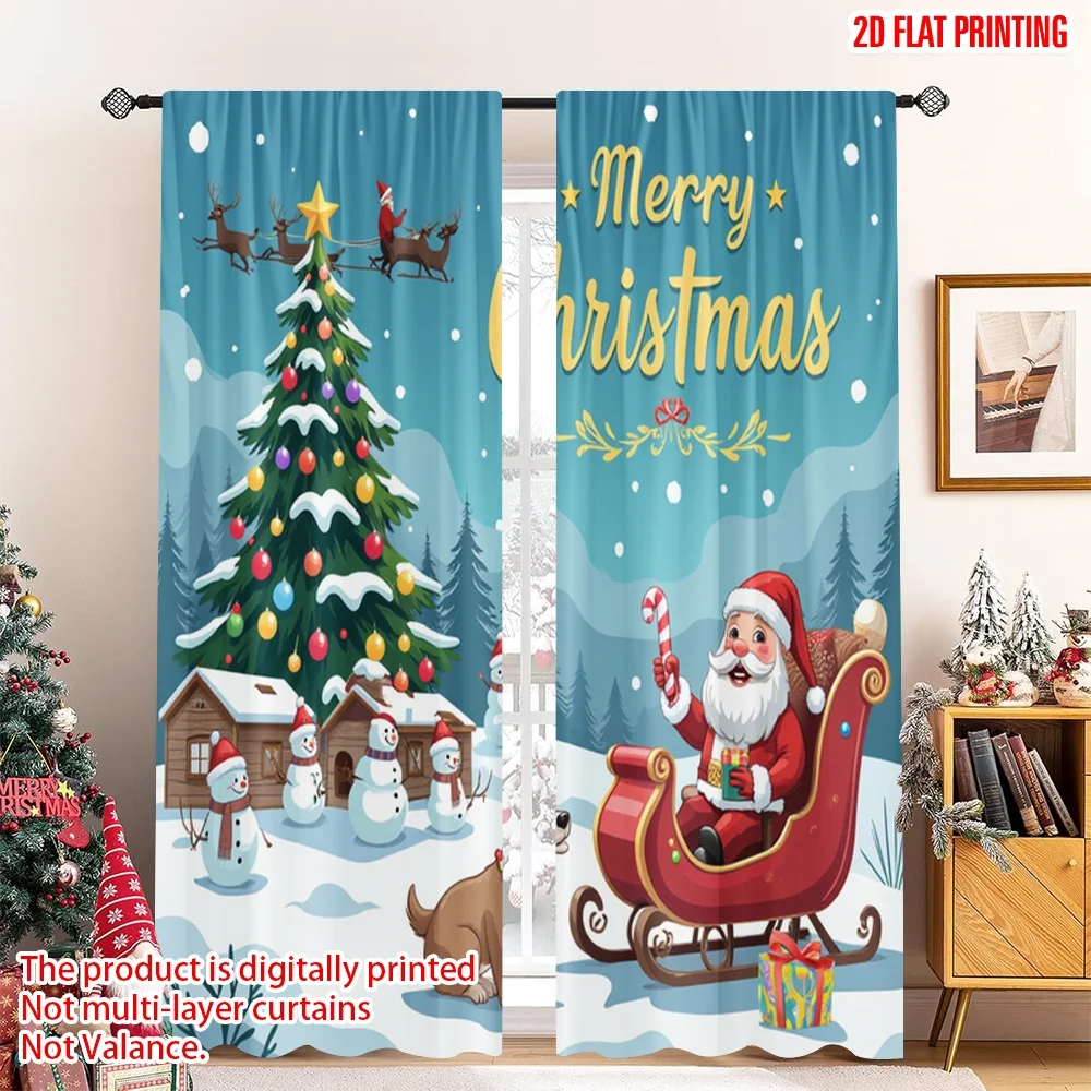 

2pcs 2D flat printing Merry Christmas Popular Window Curtains Merry Christmas Snowman Sleigh 100% Polyester Without Electricity