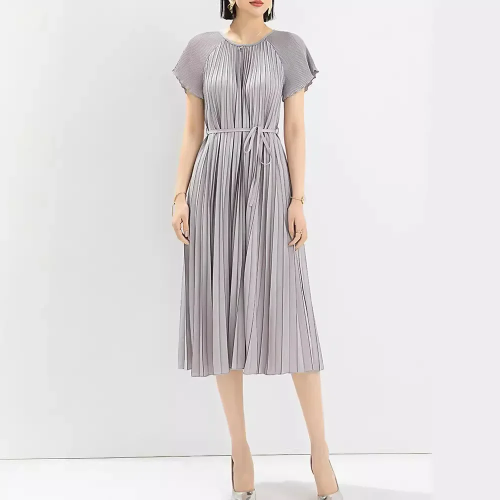 

Miyake Pleated Fashionable Loose Plus Size Dress 2024 Spring and Summer New Color Printed Waist Tie Mid-length Pleated Skirt