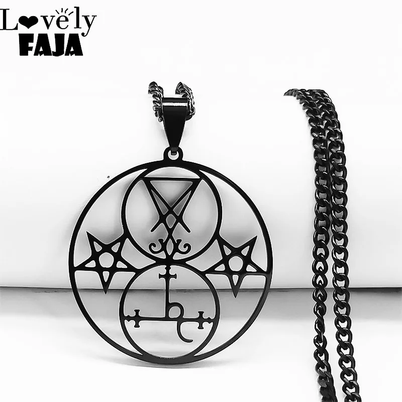 Lilith Pentagramm Siegel von Luzifer Kirche Halskette Edelstahl Satan Dämon Hohl Pentagramm Runde Halsketten Goth Schmuck N6218 – Detail 4