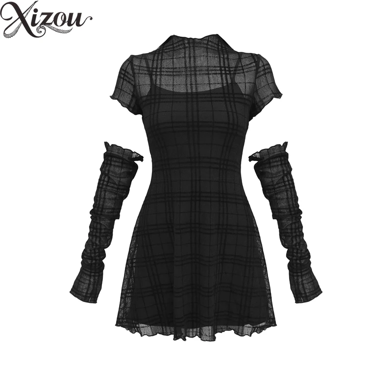 

Korean Style Dark Girl Sexy Streetwear Stretch Flocking Sheer Plaid Slim Fit Dress Sleeves Black Vintage Summer Women 2025
