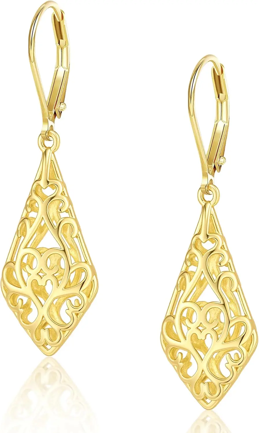 925 Sterling Silver Dangle Earrings for Women, 14K Gold Filigree Dangling Leverback Earrings, Geometric Hypoallergenic Earings