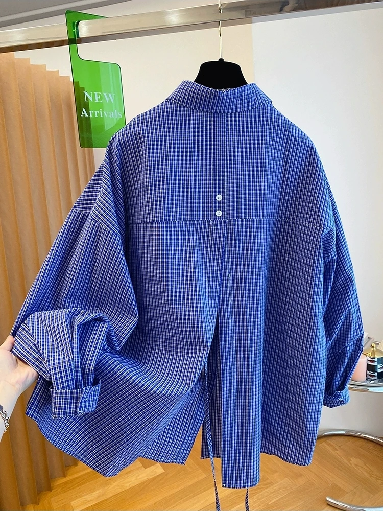 

Blue Plaid Loose Large Version Lazy Style Back Split Lantern Sleeve Women's Shirt Spring Autumn Korean Style Long Sleeve Casual