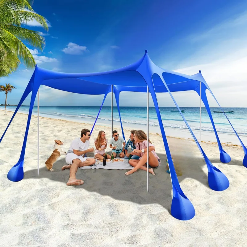 

UPF50+ Sun Protection Beach Tent Awning – Aluminium alloy frame with 8 sandbags and 4 stabilising poles. Portable sunshade suita