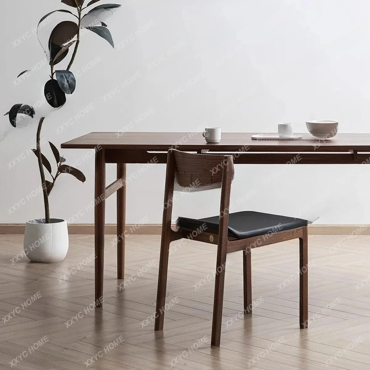 A Walnut Solid Wood Dining Table Rectangular Large Board Table Household Living Room Dining Table And Chair Combination
