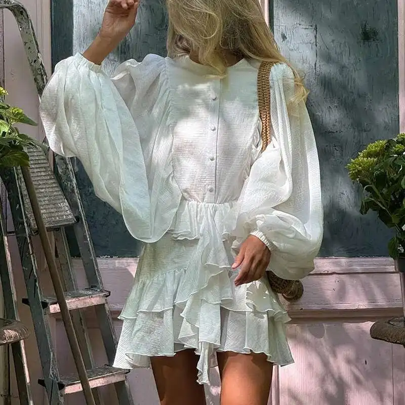 Feminino casual o pescoço botão lanterna manga 2025 moda festa curto em camadas plissado solto primavera verão vestido