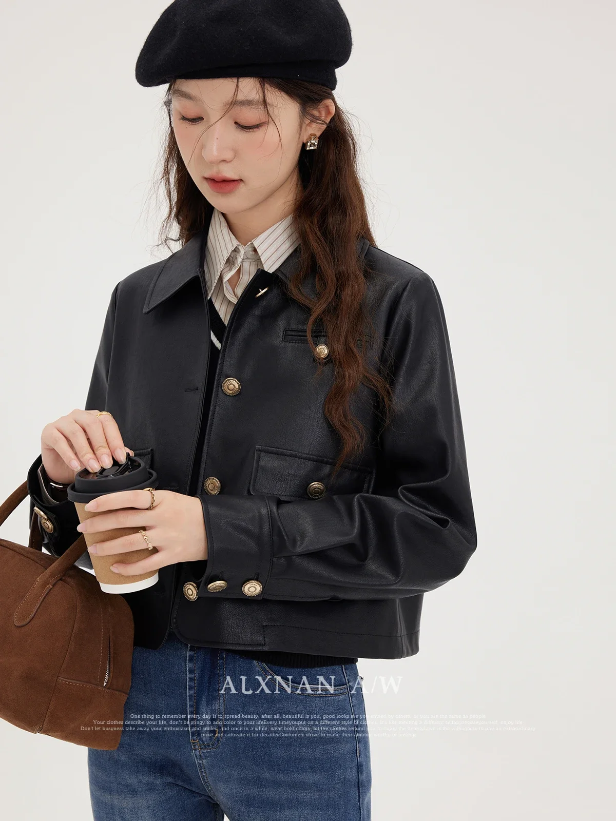 ALXNAN-Veste en cuir noir pour femme, col à revers, manches longues, métal, simple boutonnage, manteau décontracté, automne, hiver, LXNSION 35