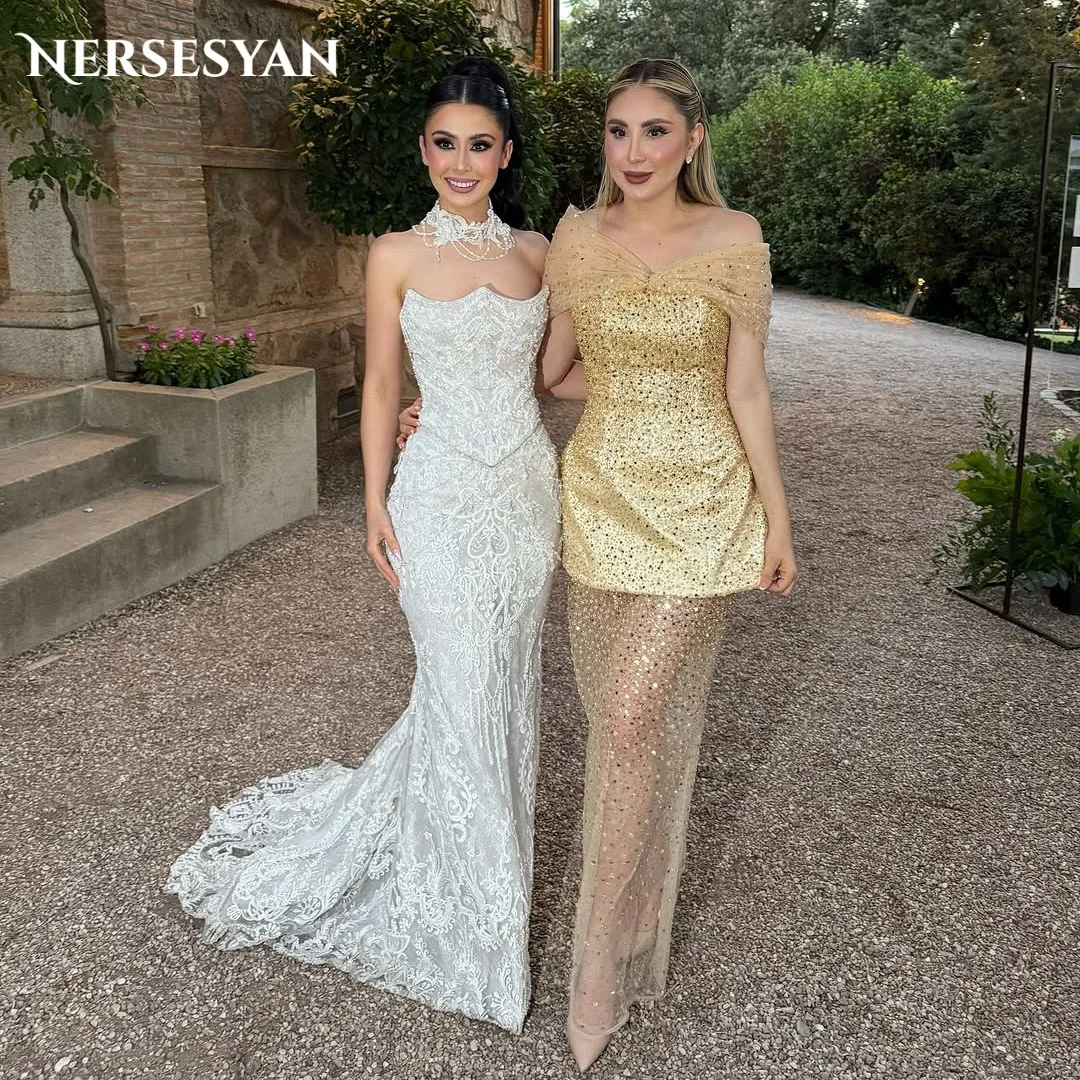 

Nersesyan Блестящие платья для выпускного вечера цвета шампанского с открытыми плечами и блестками Свадебные платья 2025 Vestidos de Fiesta Eleganckie по индивидуальному заказу