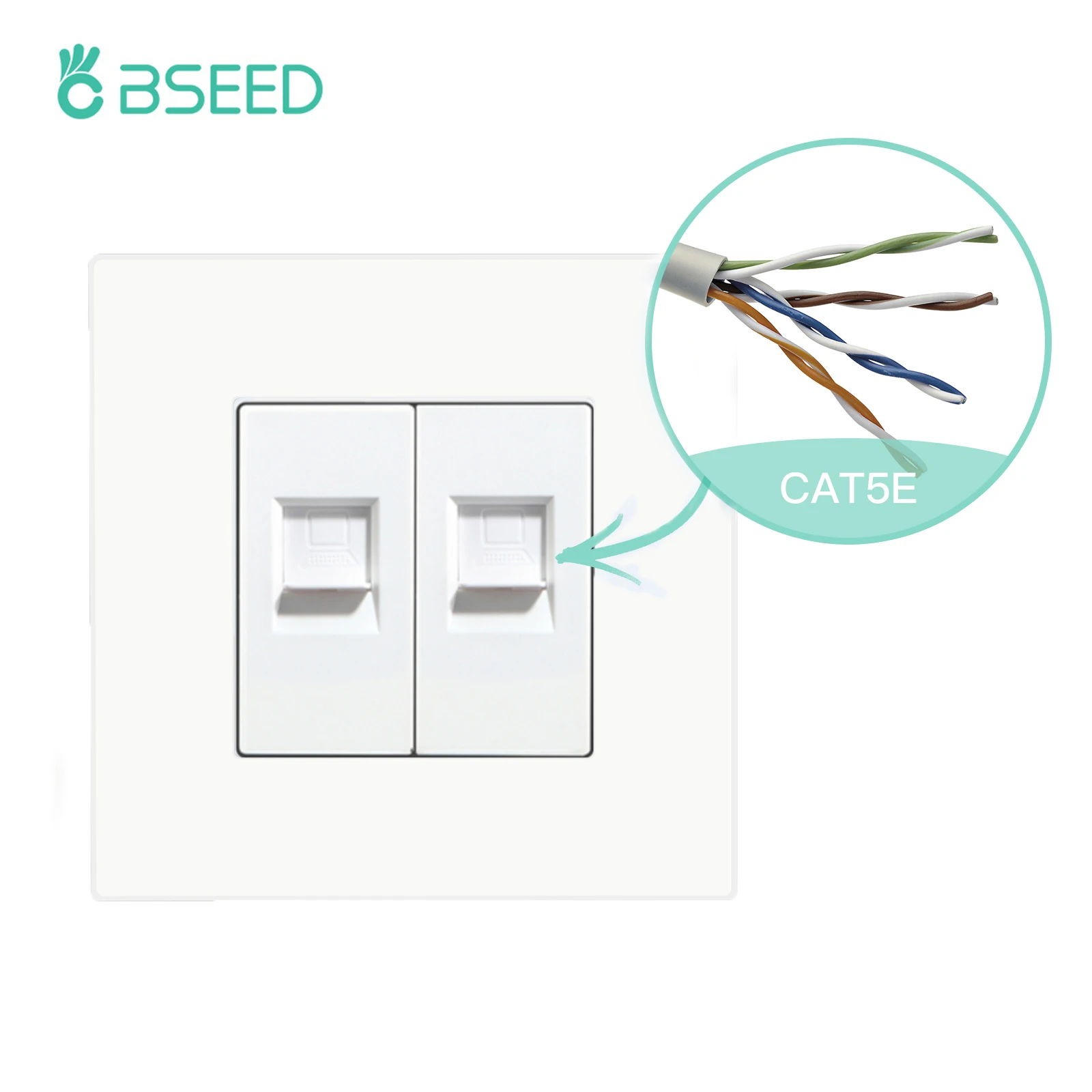 BSEED EU Standard Double Internet Socket RJ45 Network Data Socket CAT6 Wall Computer Outlet Plastic Frame White Black Color
