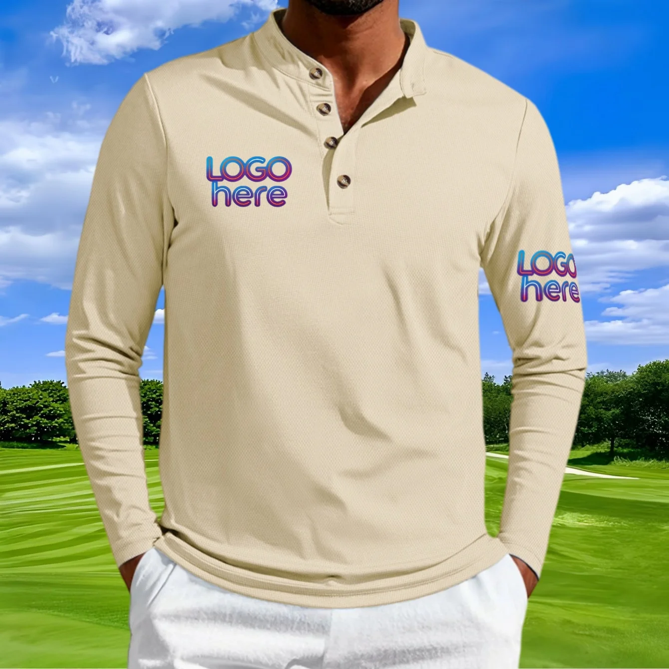Customizable Men's Henley Long-Sleeve Polo Shirt Personalized Logo Print Business Team Uniform Pullover Top for Autumn
