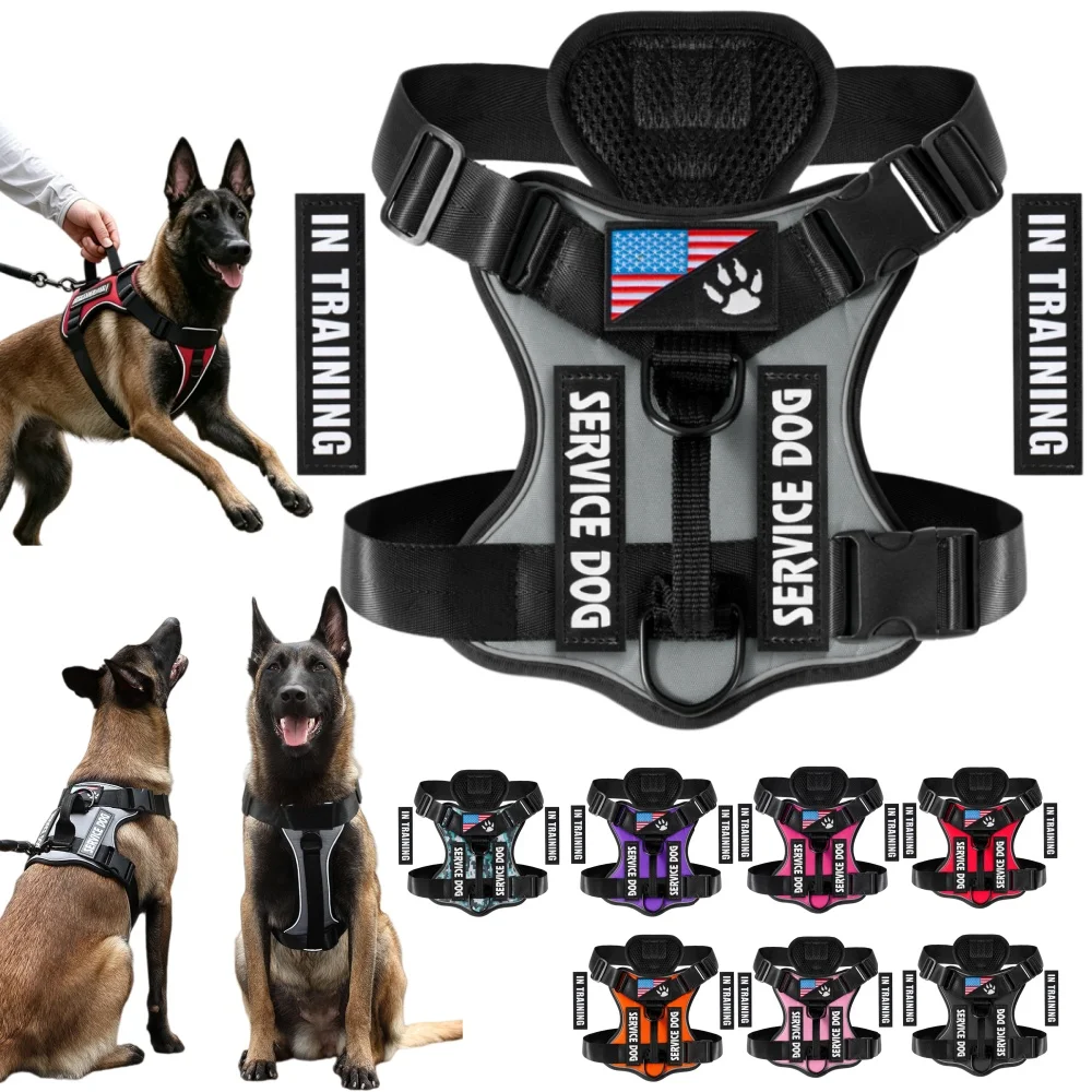 Adjustable Service Dog Harness Reflective Working Dog Vest Harness with 5 PCS Patches Oxford WD Harness Large Dog Accessories