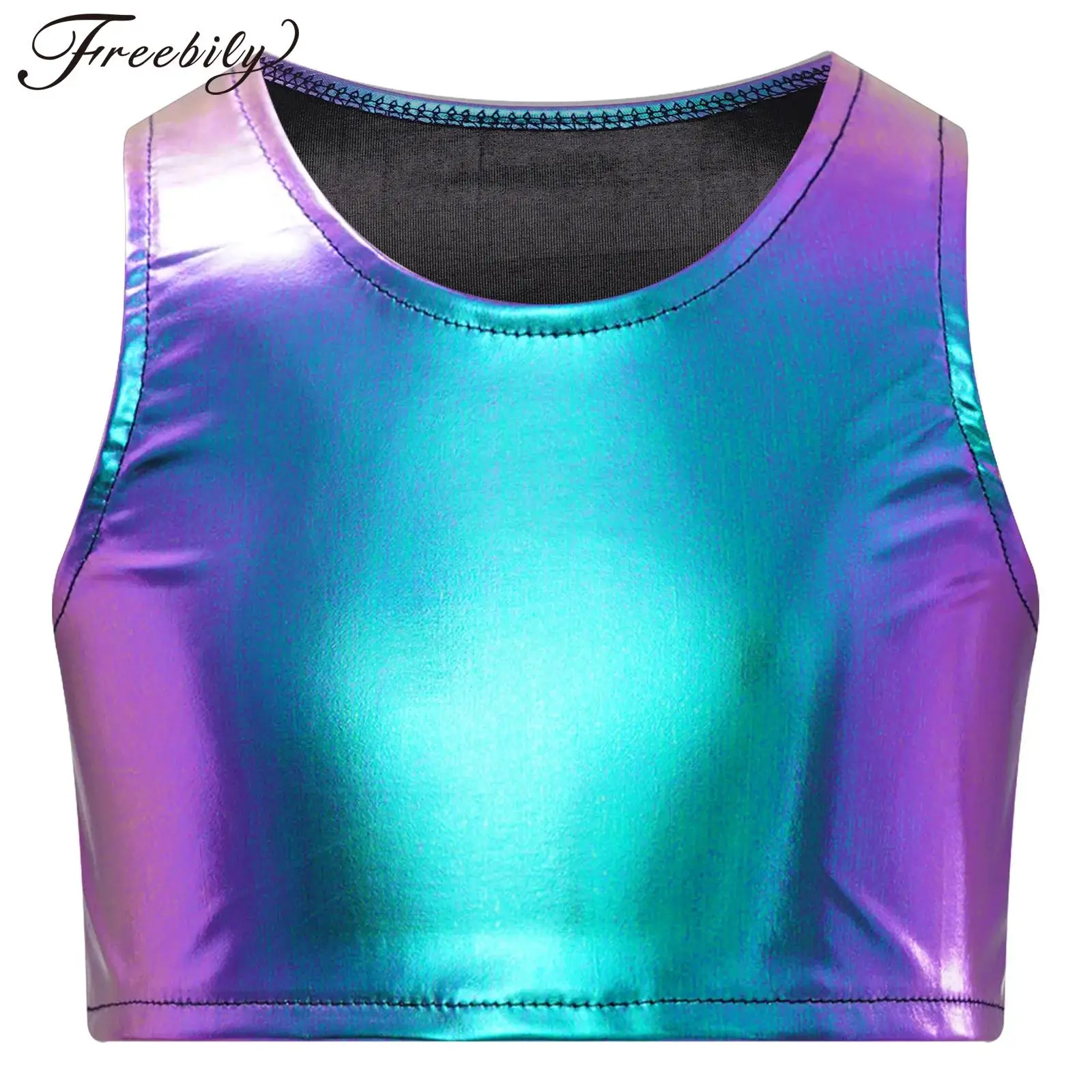 

Kids Girls Metallic Dance Crop Tank Top Vest Streetwear Fashion Children Jazz Dancing Hiphop Clothes Party Cheerleading Costume