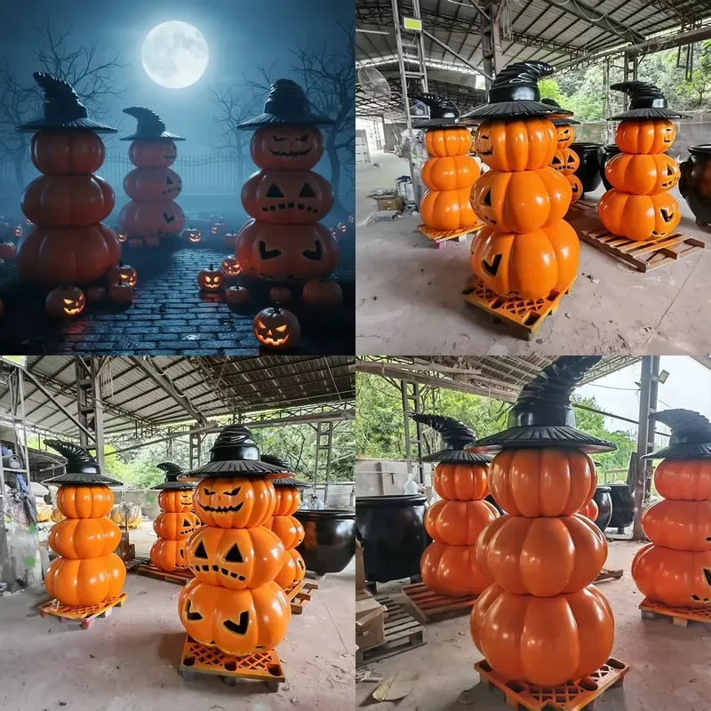 Large Glass Fiber Matte Waterproof Durable Stacked Pumpkin Witch Statue Halloween Decorations Factory Wholesale