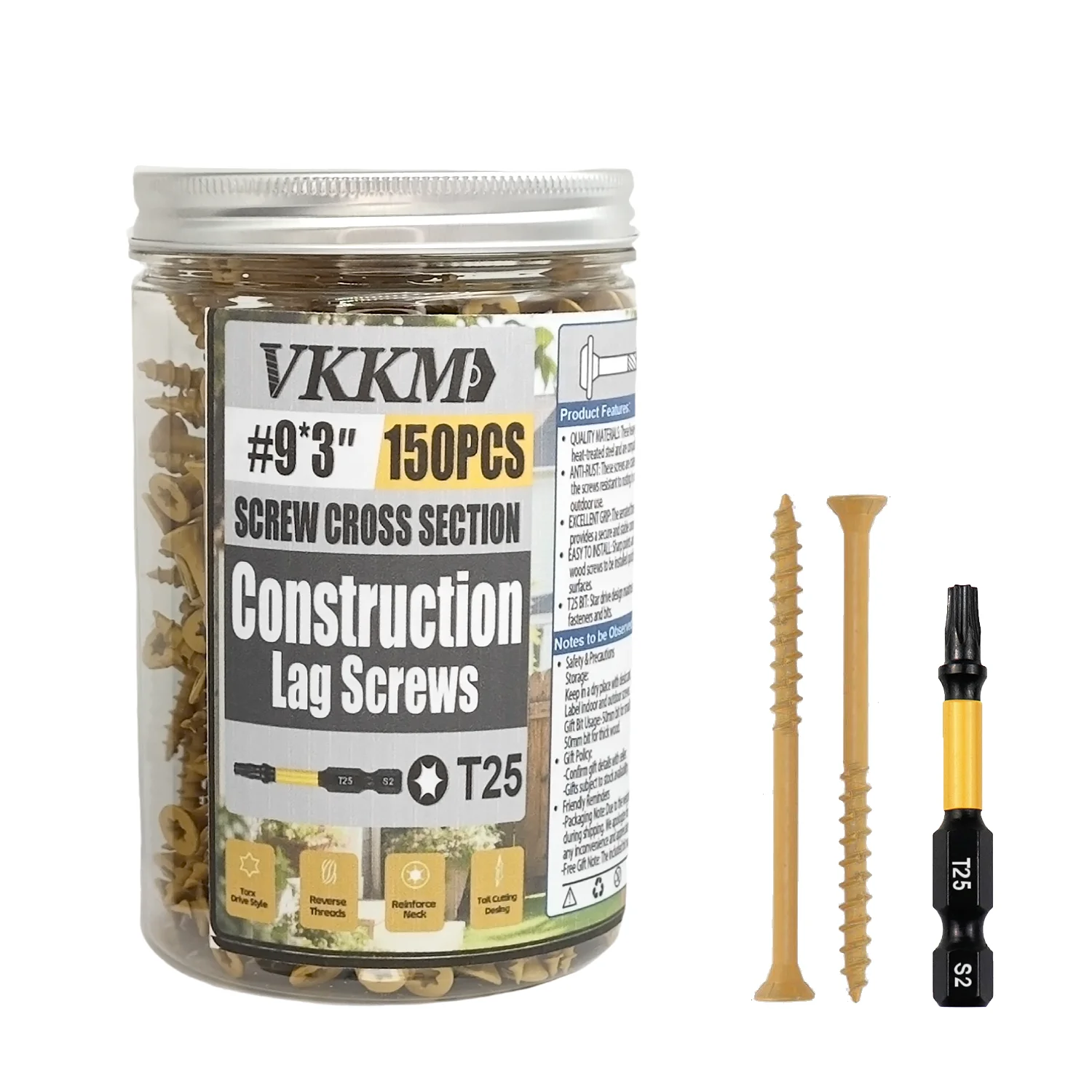 

VKKM 150Pcs #9×3" Yellow Construction Lag Screws – T25 Torx Drive, Rust - Resistant, for Decking & Heavy - Duty Wood Projects