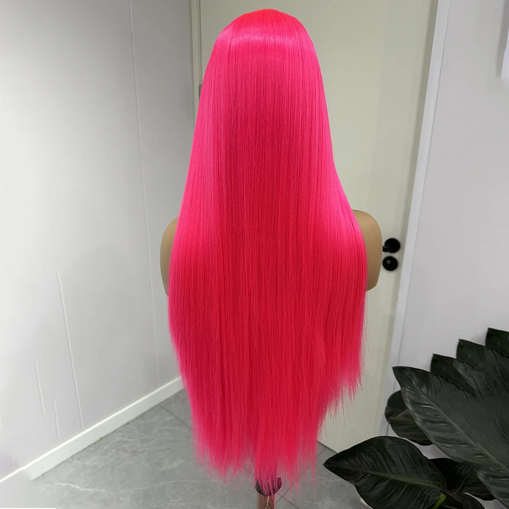 شعر مستعار وردي ساخن طويل مستقيم الشعر الاصطناعية الدانتيل الجبهة الباروكات للنساء مشرق الوردي طويل حريري مستقيم الدانتيل الشعر تأثيري ارتداء اليومي #5