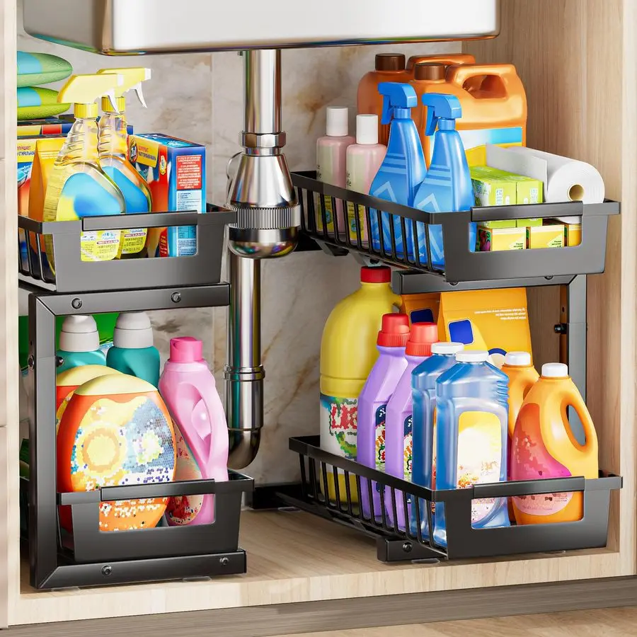 

Органайзер для раковины, 2 шт., 2-уровневый, регулируемый по высоте, из усиленной углеродистой стали, для хранения под кухонной или ванной раковиной, с гладким покрытием из полиуретана