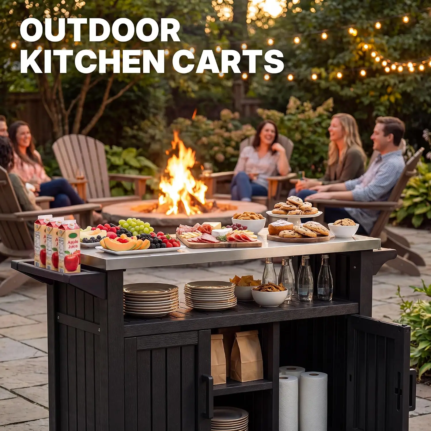 Rolling BBQ Prep Cart – Outdoor Grill Table with Wheels-Black, 304 Stainless Steel Top 110 lbs capacity 82 Gallons Total Storage