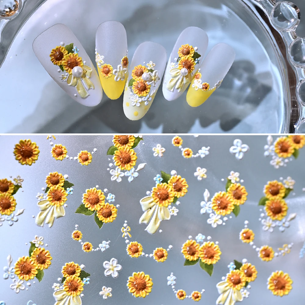 1Pc 5D Embossed Yellow Floral Nail Decals with Bowknot Daisy Sunflower Nail Art Stickers for Spring Summer Sweet Style Manicure*