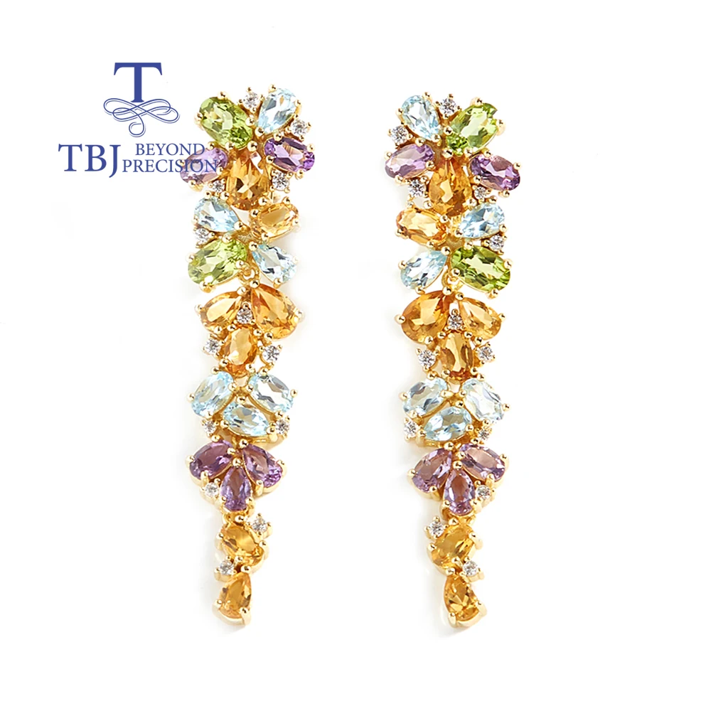 

TBJ,Women's Long party earrings natural colorful Peridot Leaf shape design 925 sterling silver fine jewelry for valentines gifts