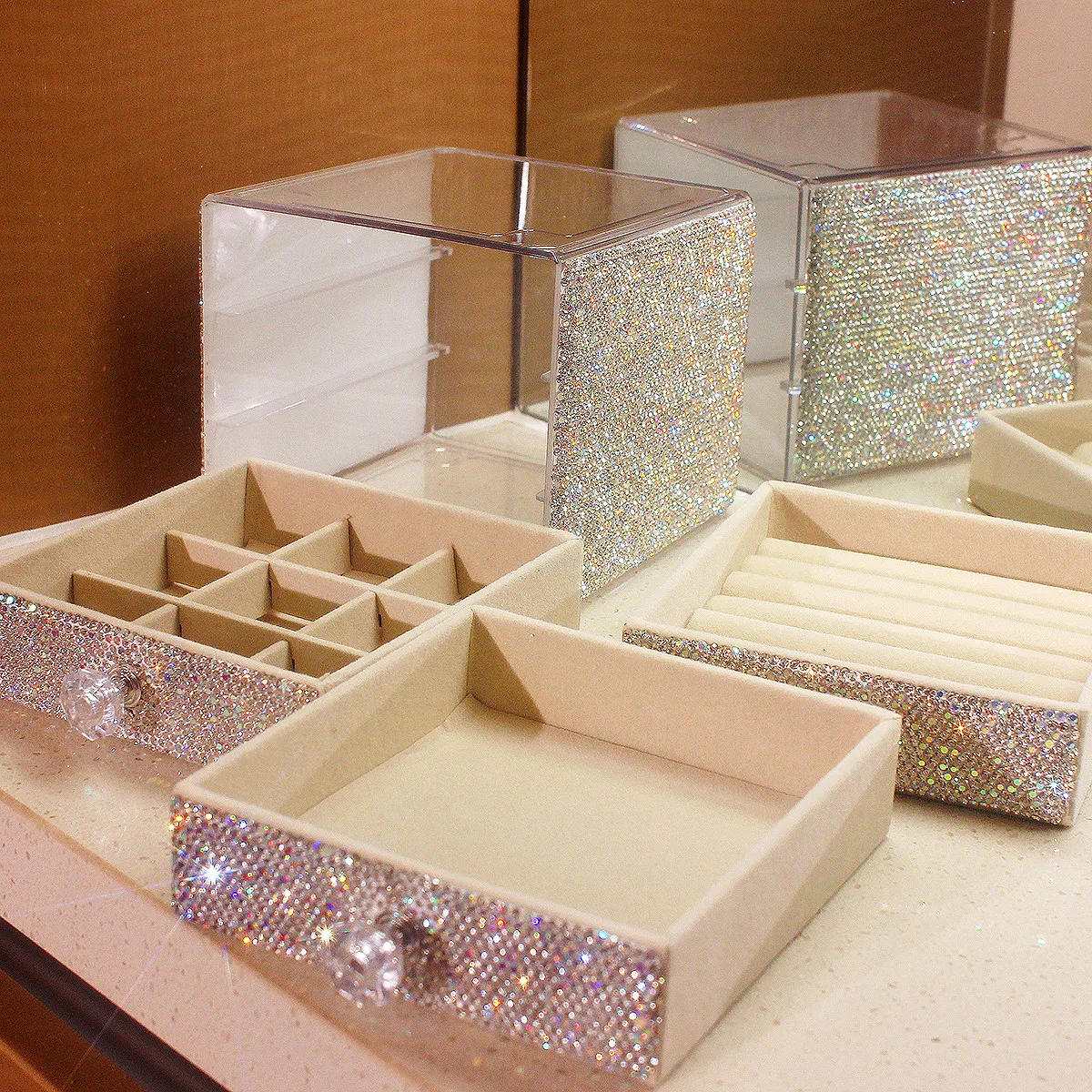 Multi-functional Jewelry Storage Box Bling Rhinestone 3/5 Levels Ring Bracelets Necklaces Earrings Display Holder Organizer Gift