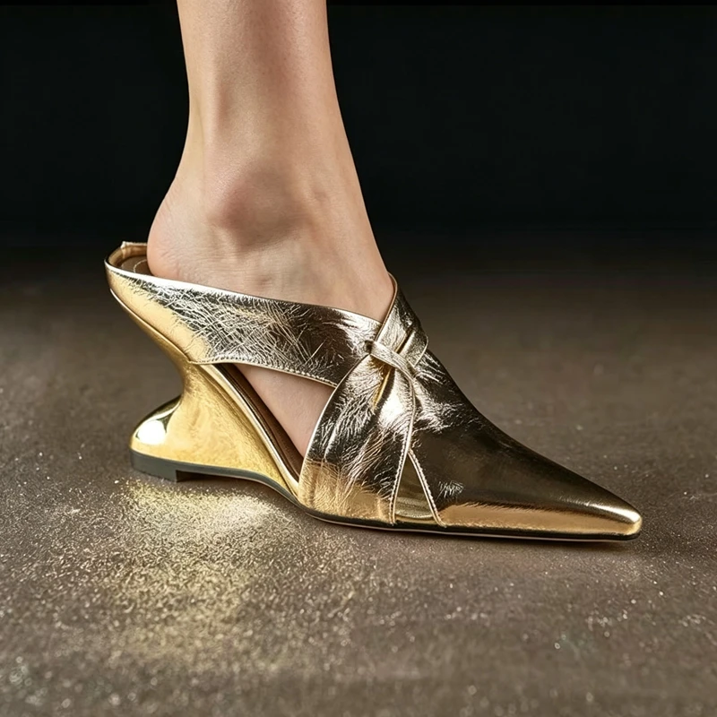 Women's New Summer Genuine Leather High Heels with Sloping Heels, High-End Temperament, Baotou Mueller Shoes, Fashion Slippers