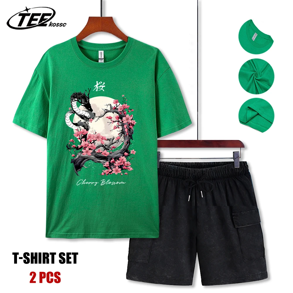 

Cherry Blossoms, Moon And Dragon Men T Shirts Hip Hop Fashion Tee Cotton Casual Clothing Summer Retro Loose Unisex Streetsuit
