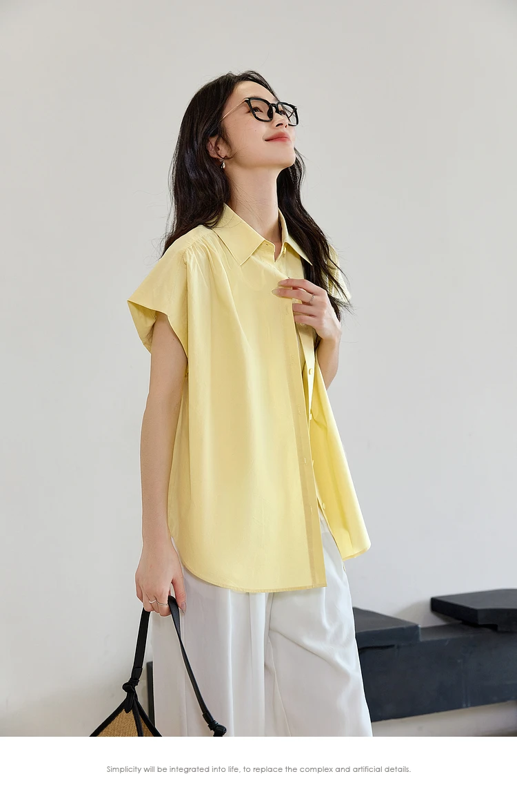 VIMLY Women's Summer Shirt Short Sleeve Pure Cotton Yellow Button Up Tops Lady 2025 Commuter Simple Loose Shirts & Blouses M9859