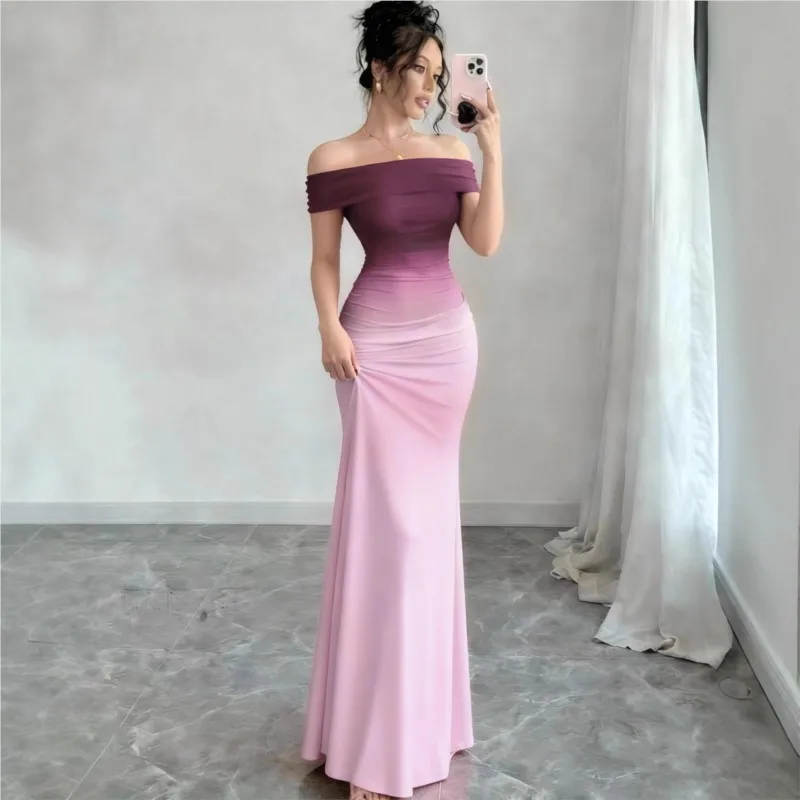 

Gradient Color Women's Slim Fit Dress Summer Fashion One Neck High Waist Dresses Ladies Foreign Style Beach Vacation Vestidos