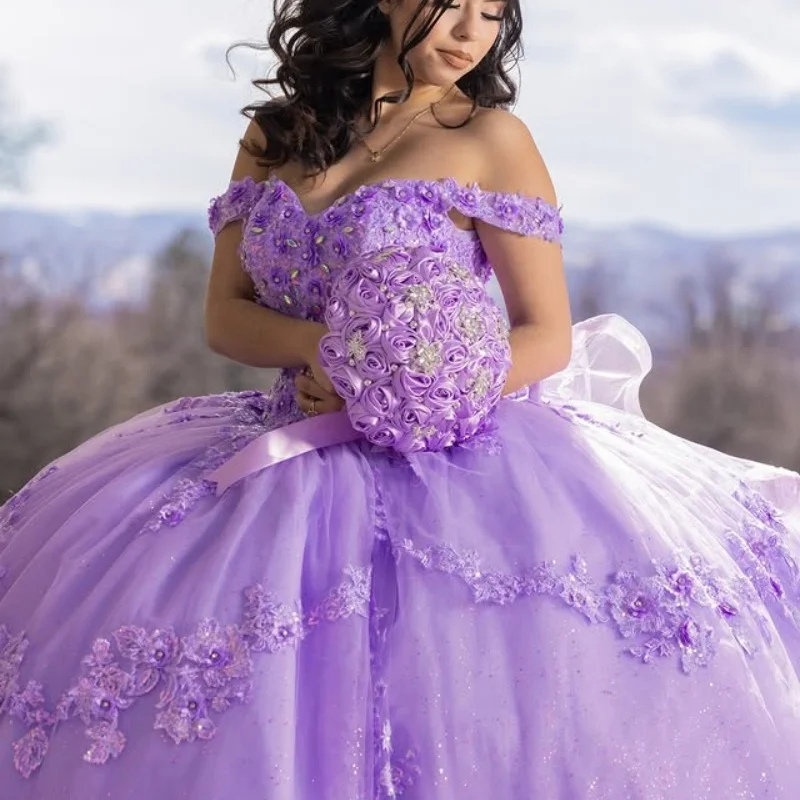Customized Shiny Lavender Purple Off Shoulder Quinceanera Dress Lace applique crystal 3D flower vestidos de 15 Quinceanera