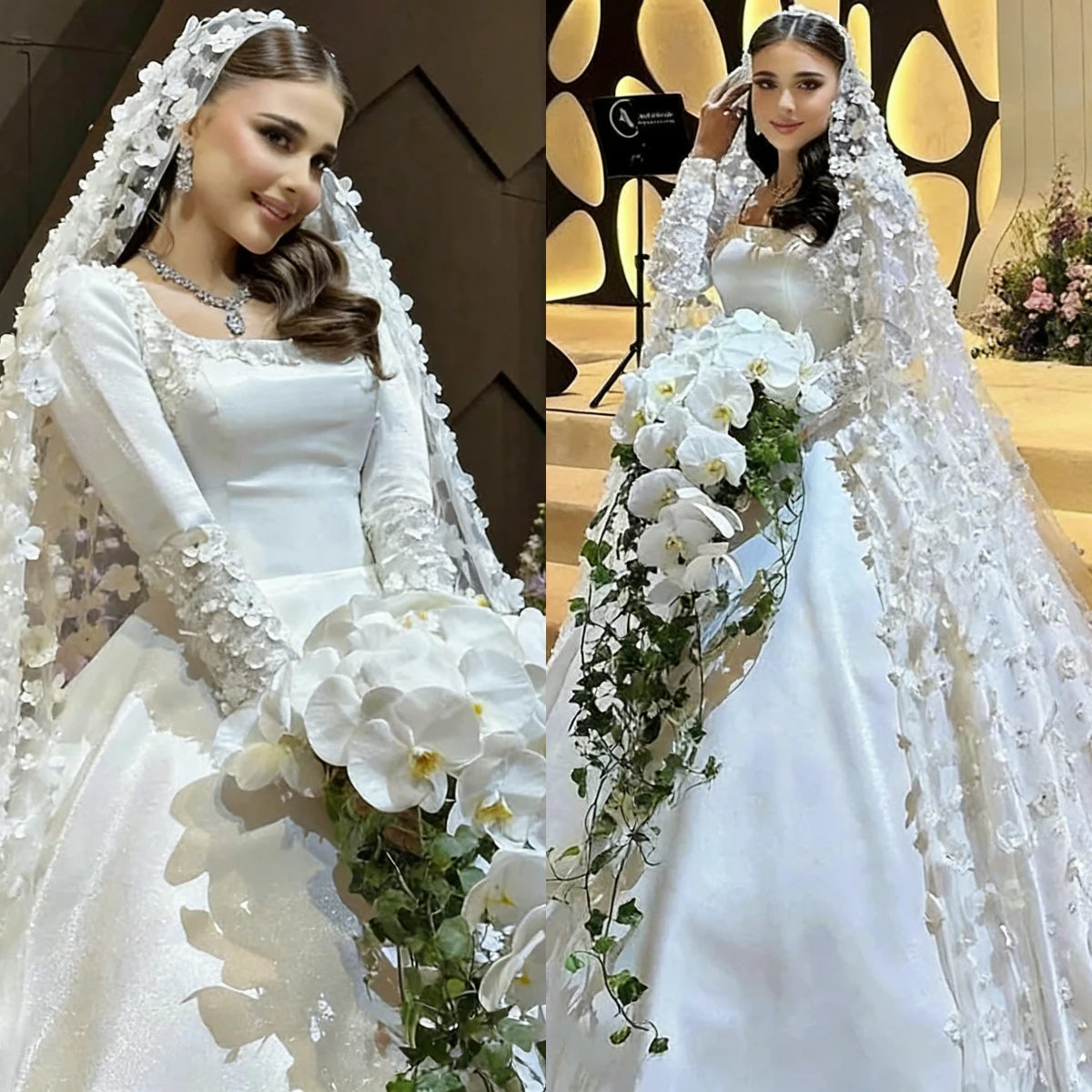 

Elegant A-Line Satin Decal Women's Wedding Dress Sexy Square Neck Long Sleeved Auditorium Bridal Gown Robe De Mariée Customized