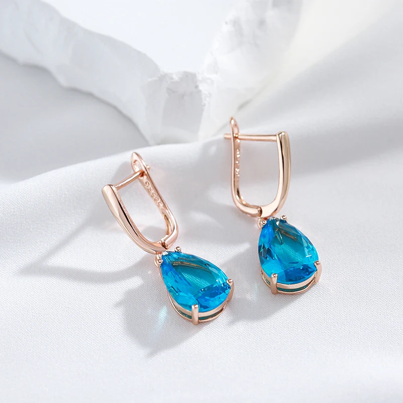 JULYDREAM Luxury Large Drop Shape Sea Blue Zircon Earrings 585 Gold Color Women Dangle Accessories Party Personality Jewelry