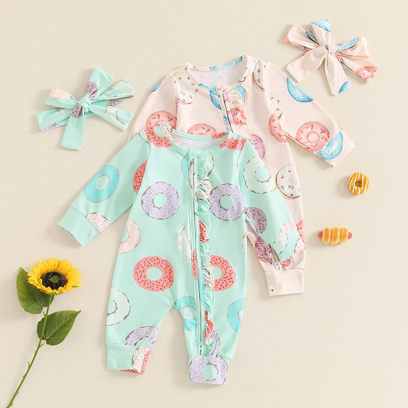 

Baby Clothing Girls Sweet Long Sleeve Crew Neck Donut Print Oblique Zipper Romper with Headband Newborn Clothes