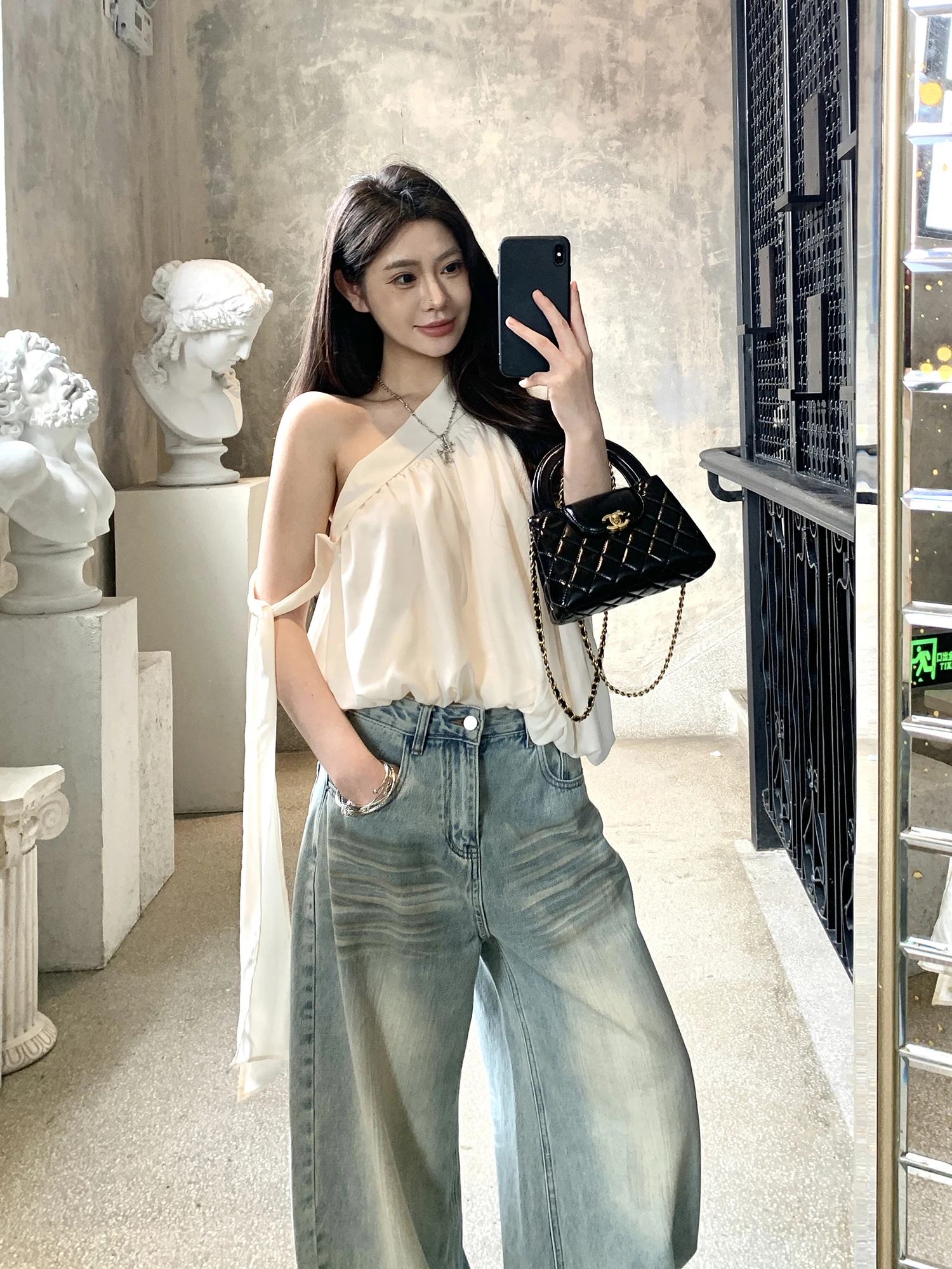 

Withmxboom Grey Home Sash Chiffon T Shirt Women Summer Loose Slimming Top Asymmetrical Shoulder Design Sweet Style Short Length