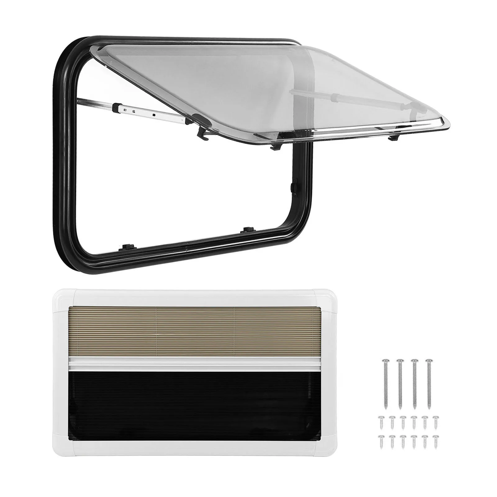 900x500mm RV Push Out Window Double Layer UV Resistant 75° Opening Angle External Exit Window with Insect Net Privacy Curtain
