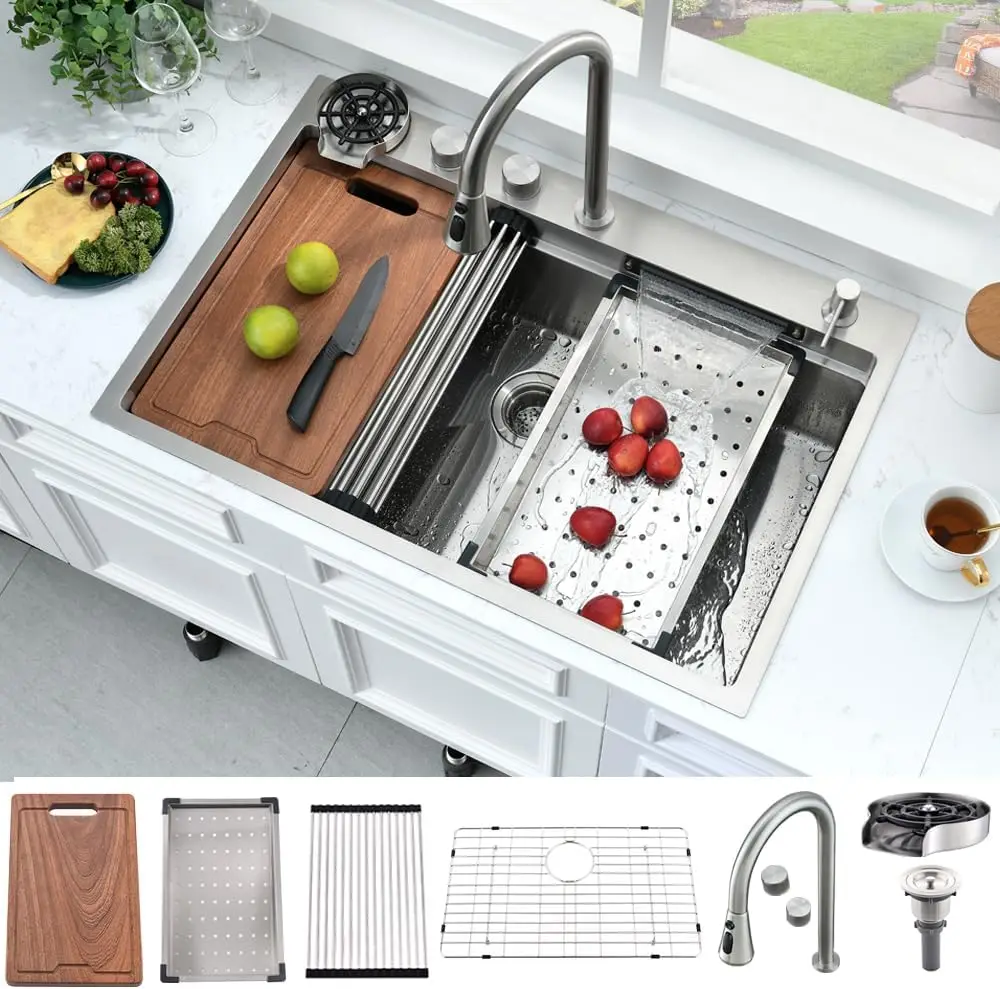 33  Drop In Kitchen Sink with Faucet Combo-Bokaiya 33x22 Waterfall Kitchen Sink Smart Workstation Sink 16 Gauge Mu