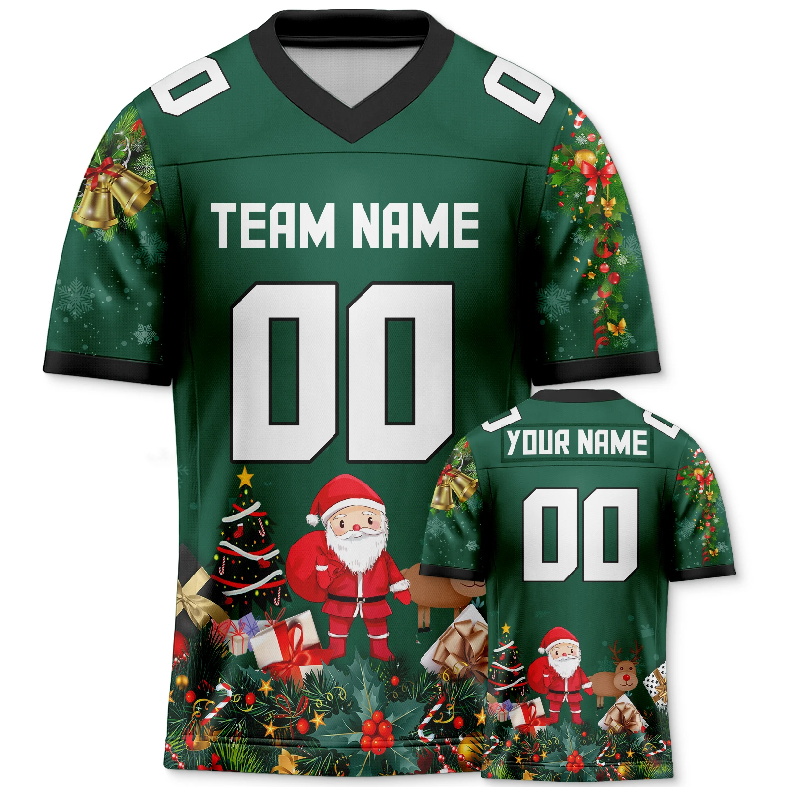 Green Xmas American Football T-shirt Custom Printed Team Name Number Christmas Sports Jersey Family Football Team Fans Gift