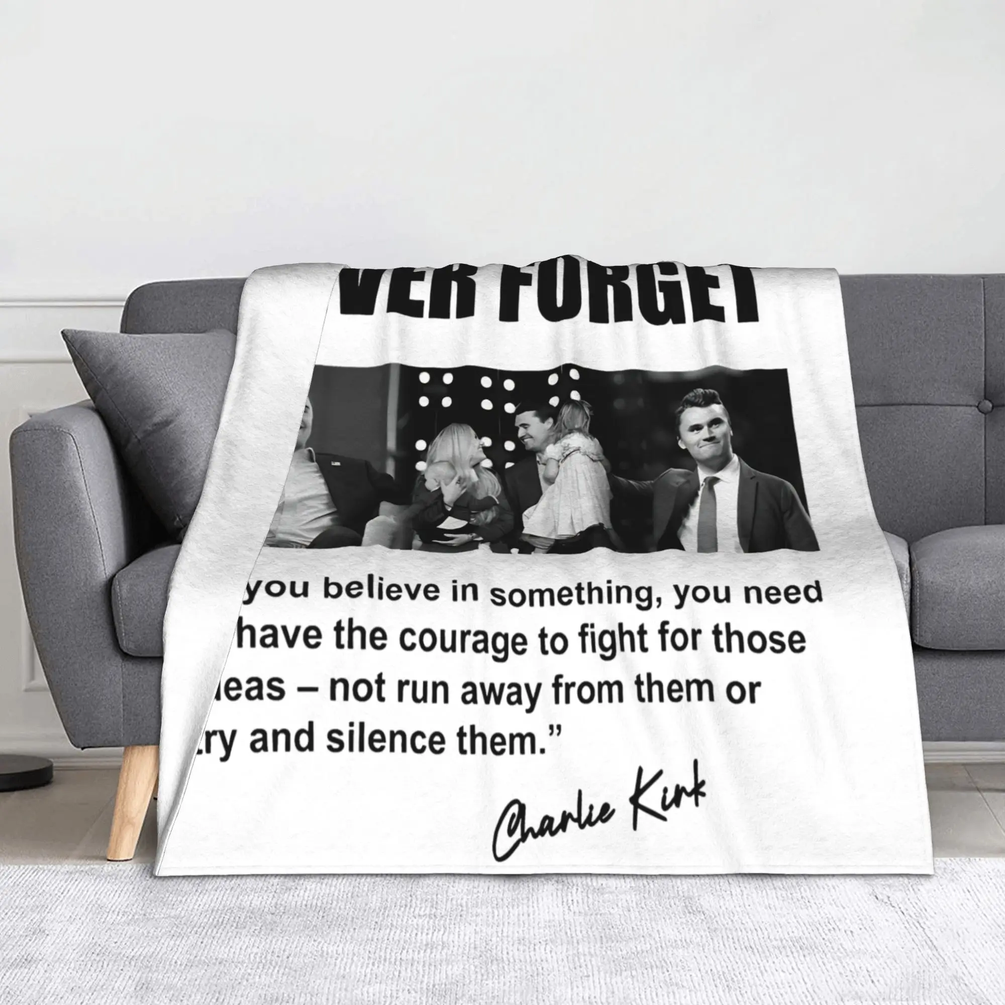 Charlie Kirk Quote Signature Knitted Blanket Flannel Never Forget Soft Throw Blanket for Outdoor Travel Bed Plush Thin Quilt