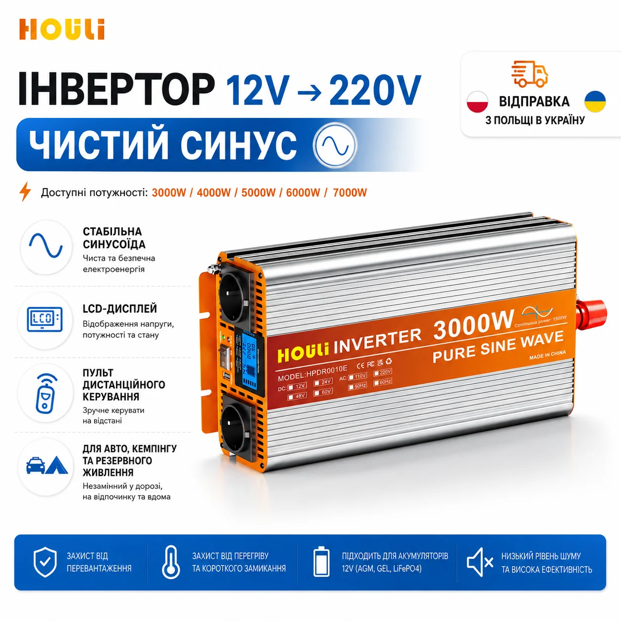 HOULI Wechselrichter 12V 230V Reiner Sinus Spannungswandler mit LCD und Fernbedienung für Auto Wohnmobil Camping