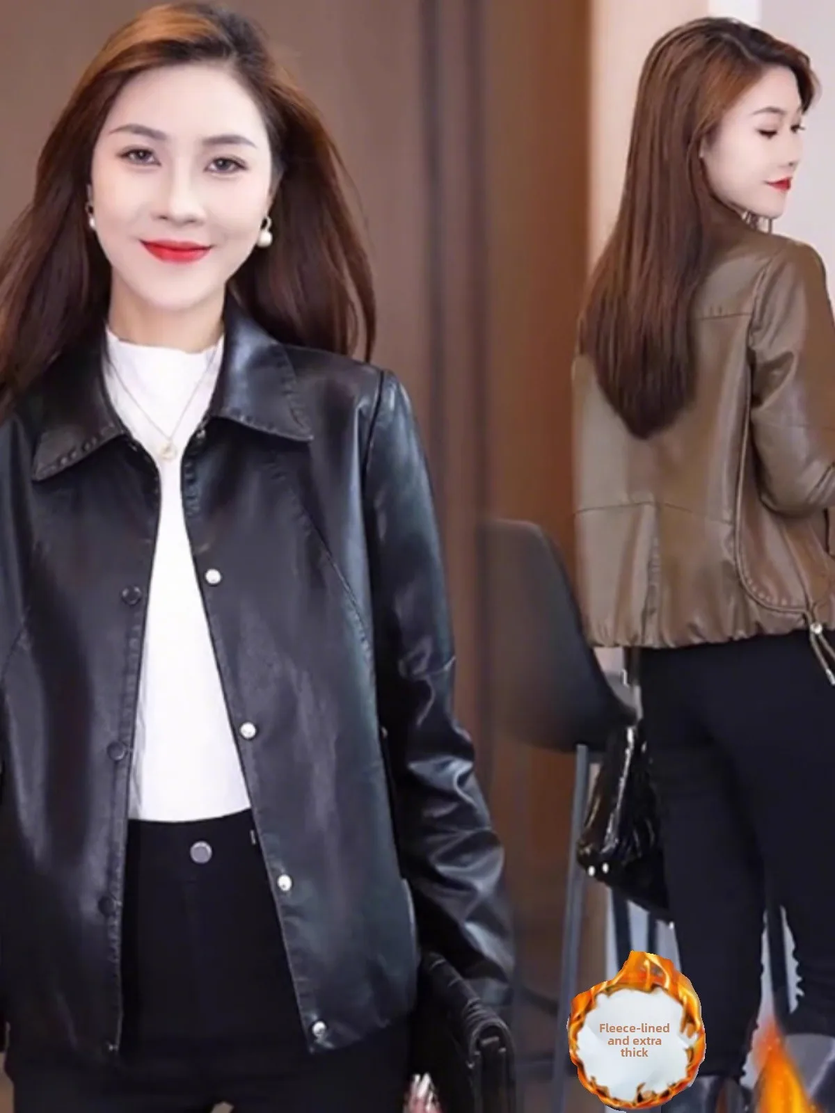 

Fleece Lined Leather Jacket Women's Short Thick Casual Autumn Winter New Style Versatile Female Outerwear Button Detail ...